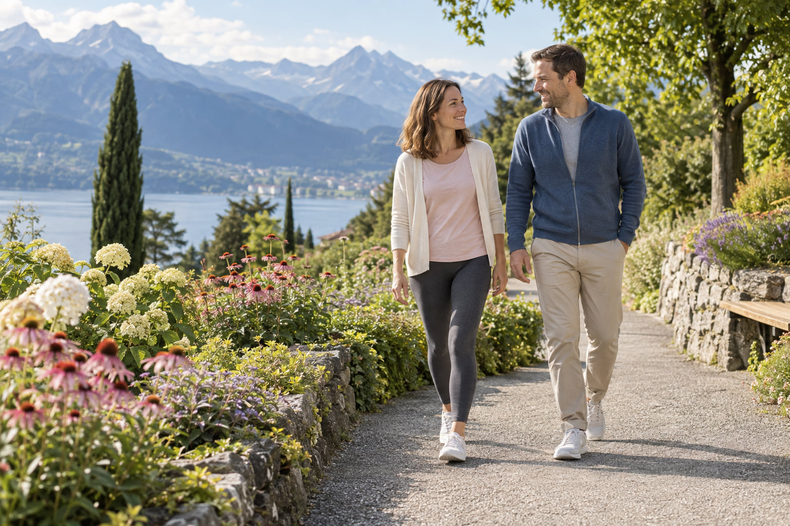 Two adults walking together on a garden path in an alpine landscape