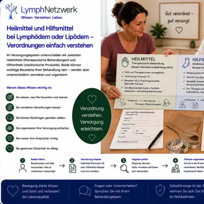 „Eine Frau mit hautfarbenen medizinischen Kompressionsstrümpfen sitzt gemeinsam mit einer Ärztin an einem Tisch. Zwei große Karten erklären den Unterschied zwischen Heilmitteln wie Manueller Lymphdrainage und Hilfsmitteln wie medizinischen Kompressionsstrümpfen.“