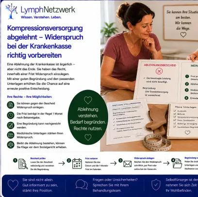 „Eine Frau mit hautfarbenen medizinischen Kompressionsstrümpfen sitzt gemeinsam mit einer Beratungsfachkraft an einem Tisch und prüft einen Ablehnungsbescheid der Krankenkasse. Daneben liegen ärztliche Befunde, eine Kompressionsversorgung und eine Checkliste für den Widerspruch.“