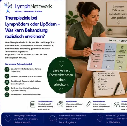 „Eine Frau mit hautfarbenen medizinischen Kompressionsstrümpfen bespricht gemeinsam mit einer Therapeutin ihren Behandlungsverlauf. Auf dem Tisch liegen Maßband, Symptomtagebuch, Verlaufsgrafik und eine Übersicht zu Schmerzen, Beweglichkeit und Lebensqualität.“