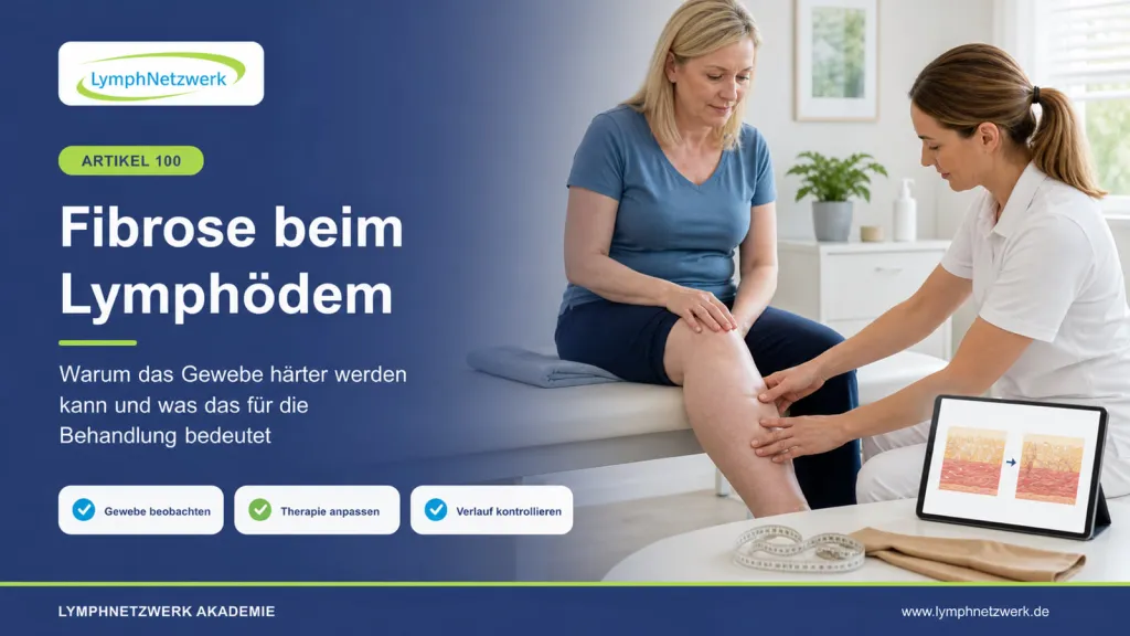„Eine Frau mit Lymphödem und hautfarbener medizinischer Kompressionsversorgung bespricht mit einer Therapeutin eine Gewebeverhärtung am Bein. Eine Infografik zeigt den Unterschied zwischen weichem Ödem und fibrotisch verändertem Gewebe.“