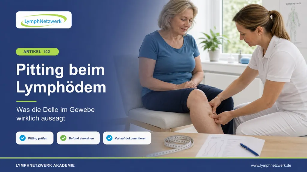 „Eine Therapeutin untersucht bei einer Frau mit Lymphödem und hautfarbener medizinischer Kompressionsversorgung vorsichtig das Gewebe am Unterschenkel. Eine Infografik zeigt, wie nach Fingerdruck bei weicherem Lymphödem eine vorübergehende Delle entstehen kann.“