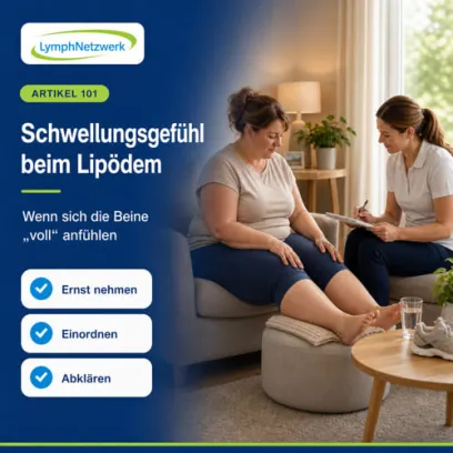 „Eine Frau mit Lipödem und hautfarbener medizinischer Kompressionsversorgung bespricht mit einer Ärztin ihr Schwellungsgefühl. Eine Infografik zeigt deutlich: Lipödem bedeutet vor allem schmerzhaftes Fettgewebe, während beim Lymphödem eine Flüssigkeitsansammlung durch gestörten Lymphtransport vorliegt.“