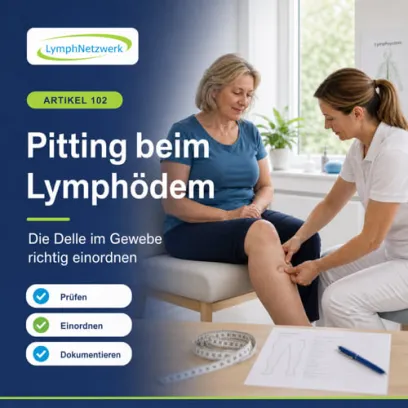 „Eine Therapeutin untersucht bei einer Frau mit Lymphödem und hautfarbener medizinischer Kompressionsversorgung vorsichtig das Gewebe am Unterschenkel. Eine Infografik zeigt, wie nach Fingerdruck bei weicherem Lymphödem eine vorübergehende Delle entstehen kann.“