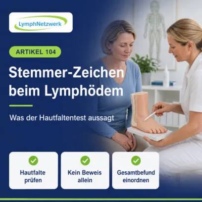 „Eine Fachtherapeutin führt bei einer Frau mit Lymphödem vorsichtig das Stemmer-Zeichen an einer Zehe durch. Eine Infografik erklärt den Unterschied zwischen positivem und negativem Hautfaltentest und weist darauf hin, dass ein negatives Ergebnis ein Lymphödem nicht ausschließt.“