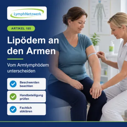 „Eine Frau mit Lipödem an beiden Armen bespricht mit einer Ärztin symmetrische Veränderungen von Ober- und Unterarmen. Die Hände bleiben sichtbar ausgespart. Eine medizinische Infografik erklärt den Unterschied zwischen Arm-Lipödem und Armlymphödem.“