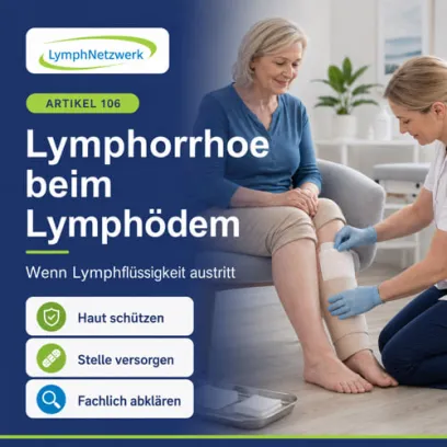 Eine Frau mit Lymphödem lässt eine kleine nässende Hautstelle am Unterschenkel fachgerecht von einer Wundexpertin versorgen. Eine Infografik erklärt Lymphorrhoe, Hautschutz, saugende Wundauflage und therapeutische Kompression