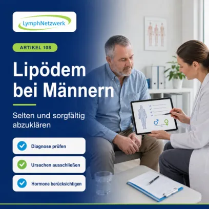 Ein Mann mit symmetrischer disproportionaler Fettverteilung und Beschwerden an den Beinen bespricht mit einem Arzt die seltene Diagnose Lipödem. Eine medizinische Infografik erklärt typische Symptome, hormonelle Zusammenhänge und wichtige Differenzialdiagnosen.
