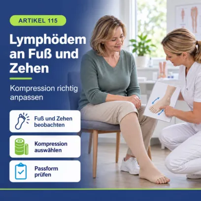 Eine Frau mit Beinlymphödem lässt bei einer Fachtherapeutin geschwollenen Fußrücken und Zehen untersuchen. Eine medizinische Infografik zeigt Vorfußödem, Kastenzehen, Stemmer-Zeichen und eine individuell angepasste Zehen- und Fußkompression.
