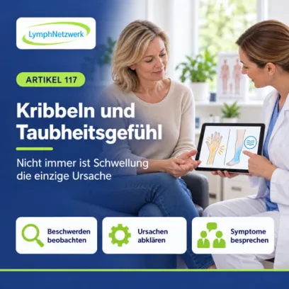 Eine Frau mit Armlymphödem bespricht mit einer Ärztin Kribbeln und Taubheitsgefühl in Hand und Fingern. Eine medizinische Infografik unterscheidet Lymphödem, Nervenkompression und eine zu enge Kompressionsversorgung.