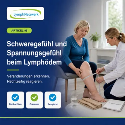 „Eine Frau mit Lymphödem am Bein und hautfarbener medizinischer Kompressionsversorgung bespricht mit einer Therapeutin Schwere- und Spannungsgefühl. Eine Infografik zeigt Schwellung, Gewebe, Kompression, Bewegung und wichtige Warnzeichen.“