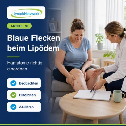 „Eine Frau mit Lipödem und hautfarbener medizinischer Kompressionsversorgung betrachtet gemeinsam mit einer Ärztin kleine Hämatome am Bein. Eine Infografik erklärt Kapillarfragilität, typische blaue Flecken und wichtige Warnzeichen.“