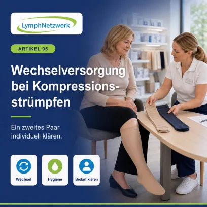 „Eine Frau mit zwei medizinischen Kompressionsversorgungen vergleicht gemeinsam mit einer Fachberaterin die Wechselversorgung. Eine Grafik zeigt klar die Unterschiede: Beim Lymphödem dient Kompression der Ödemkontrolle, beim Lipödem vor allem der Schmerz- und Beschwerdereduktion.“