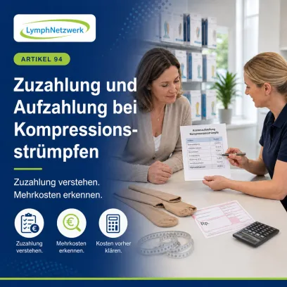 „Eine Frau mit hautfarbenen medizinischen Kompressionsstrümpfen bespricht gemeinsam mit einer Fachberaterin im Sanitätshaus ihre Rechnung. Zwei Karten erklären den Unterschied zwischen gesetzlicher Zuzahlung und freiwilligen Mehrkosten.“
