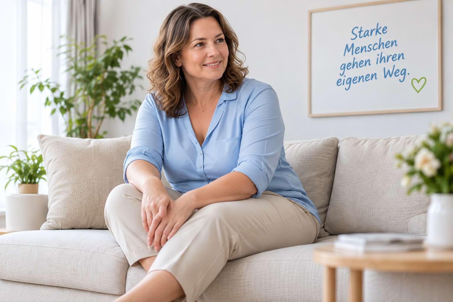 Frau in hellblauer Bluse auf einem Sofa – illustratives Motiv
