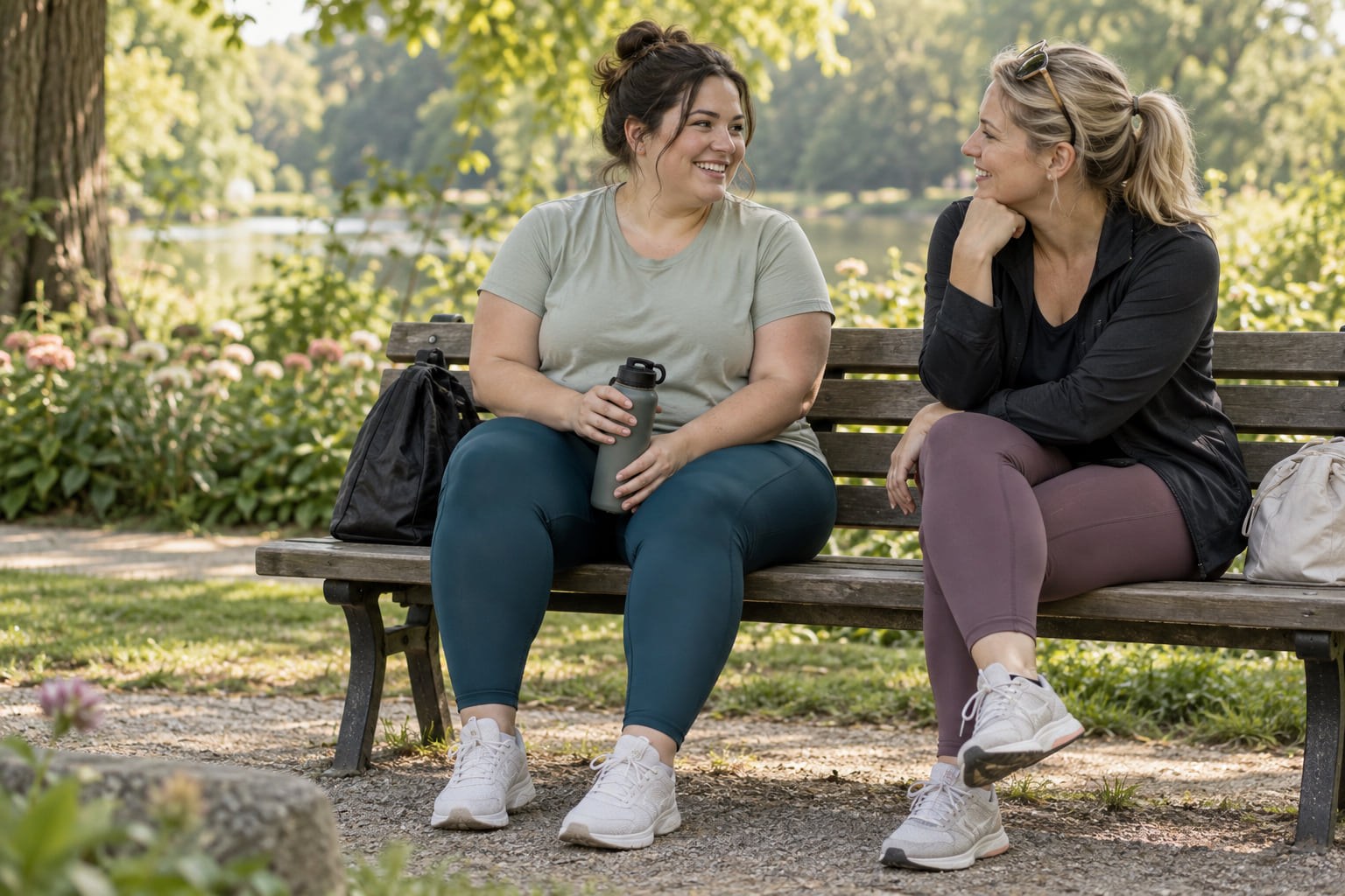 Frau in Kompressionsleggings im Gespräch mit einer Freundin auf einer Parkbank – Symbolbild