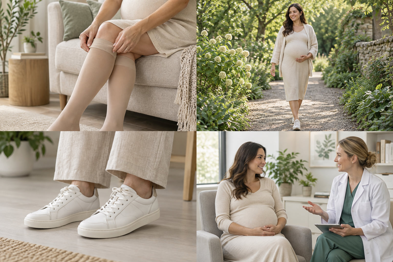 Symbolbild: beige Kompressionsstrümpfe während der Schwangerschaft