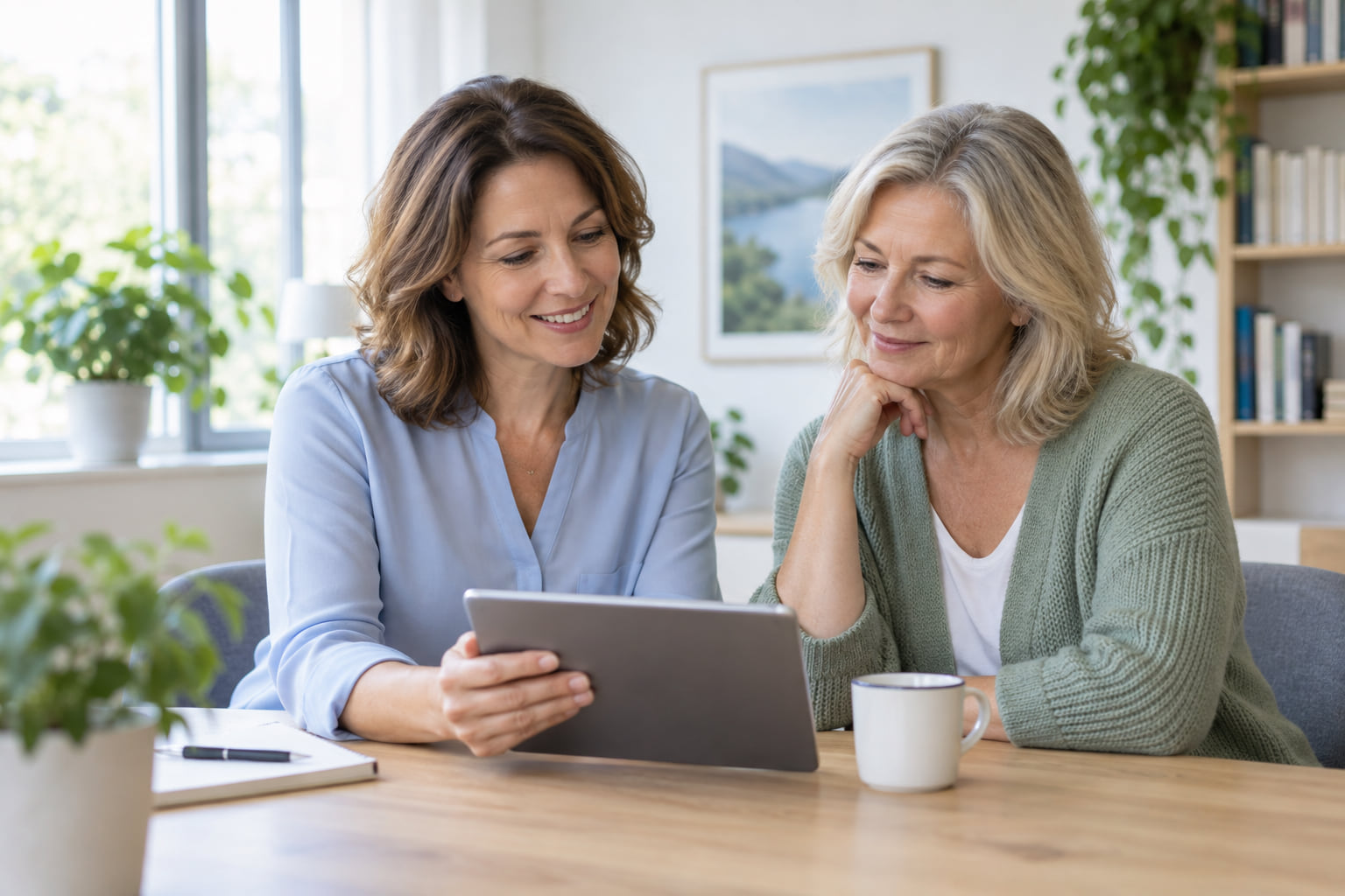 Zwei Frauen informieren sich gemeinsam am Tablet – Symbolbild einer Beratung