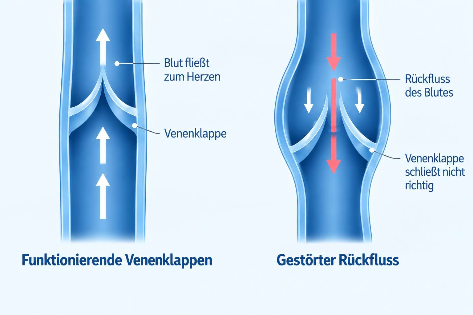 Vergleich funktionierender Venenklappen und undichter Klappen mit Rückfluss des Blutes