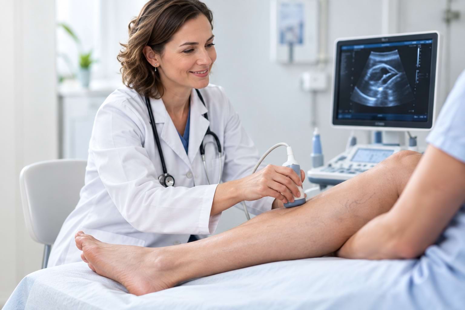 Ärztliche Ultraschalluntersuchung am Bein